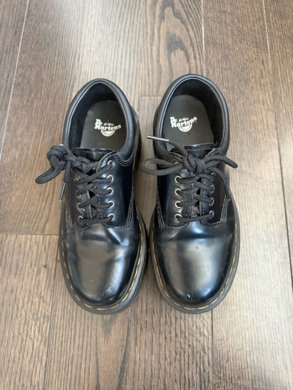 Dr. Martens Black Leather 3-Eye Oxford Shoes with Yellow Welt Stitching